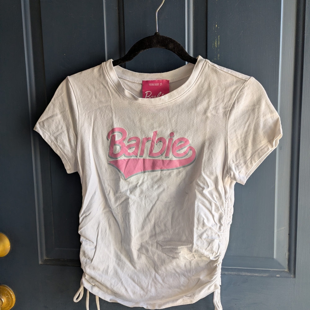 Barbie White Tee with Pink Script Logo